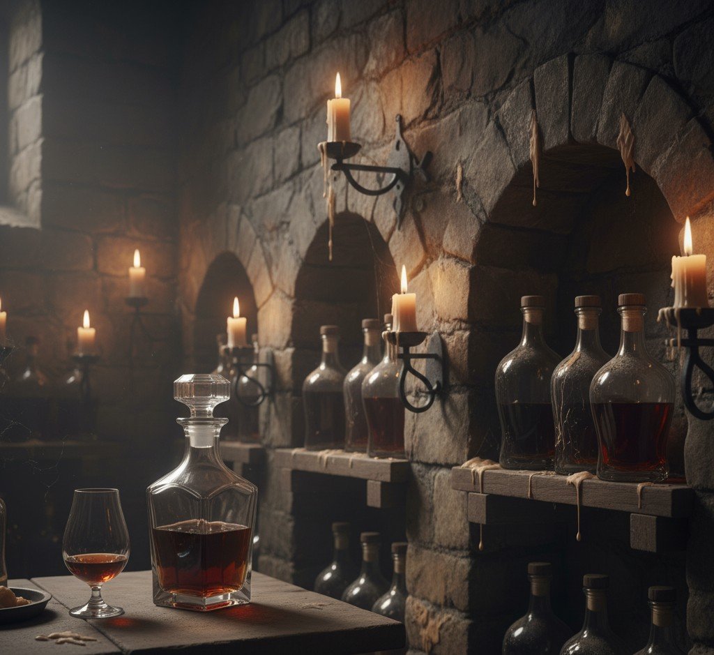 Atmospheric image of a dimly lit castle cellar with dusty, irregular glass bottles of ancient whisky emerging from stone walls